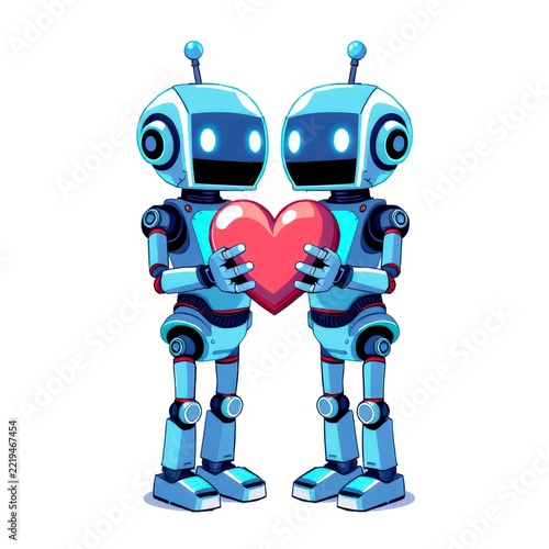 Two cute robots holding a red heart together