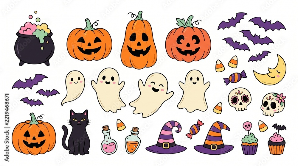 Fototapeta premium Spooky halloween candy collection with pumpkins ghosts and icons