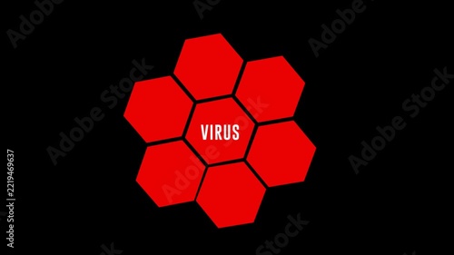 Red hexagon honeycomb cluster with virus text, animated infection alert motion graphics on black background seamless loop