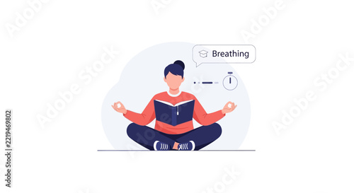 Woman meditating and reading book, mindfulness and relaxation concept illustration