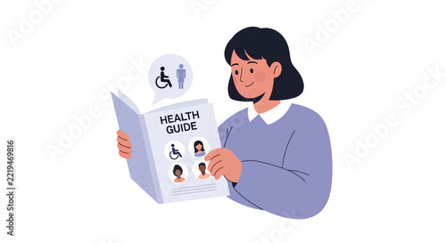 Woman Reading Health Guide with Diversity and Accessibility Icons