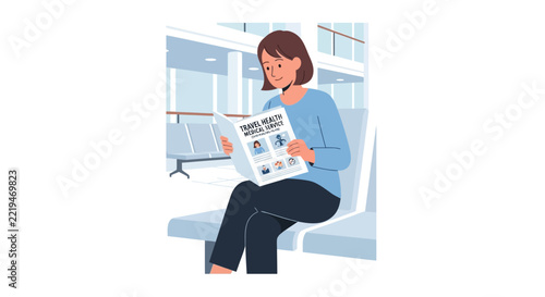 Woman reading newspaper while sitting on a bench in a waiting area