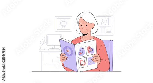 Woman Reading Magazine at Desk with Computer and Plant - Illustration