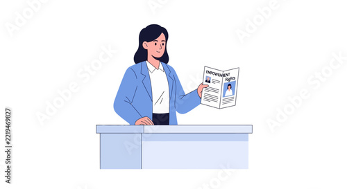 Woman reading newspaper at desk, looking concerned