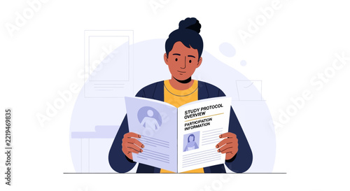 Woman reading newspaper, flat illustration with colorful elements, focused on information and news.