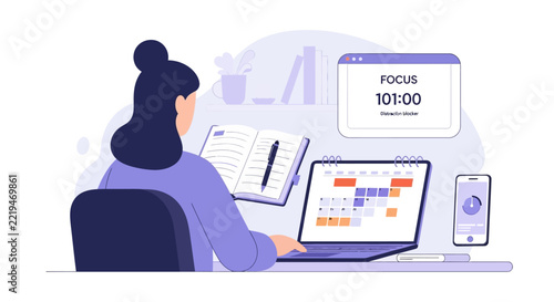Woman working at desk with laptop, calendar, notebook, and focus timer
