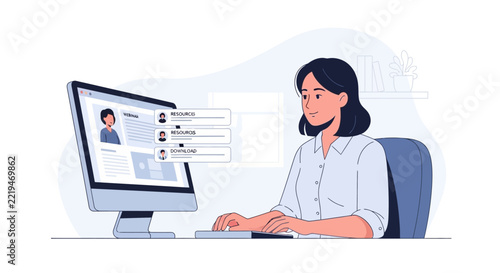 Woman working on computer, reviewing resumes online, HR recruitment concept