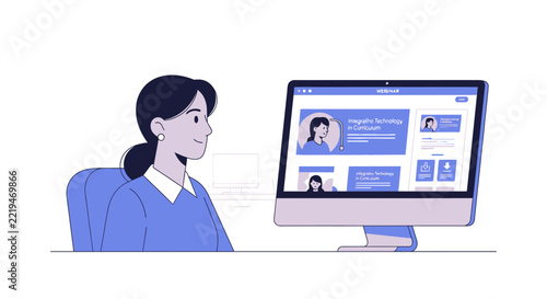Woman working on computer, viewing online profile page with photos and text