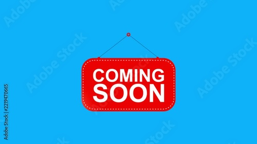 Red coming soon hanging sign board with white text, animated announcement banner motion graphics on blue background loop