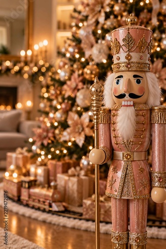 Cascanueces rosa y dorado junto al árbol navideño