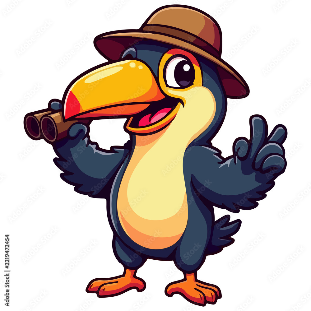 Fototapeta premium Cute cartoon toucan explorer wearing safari hat holding binoculars vector illustration, funny travel bird animal mascot character isolated on white background