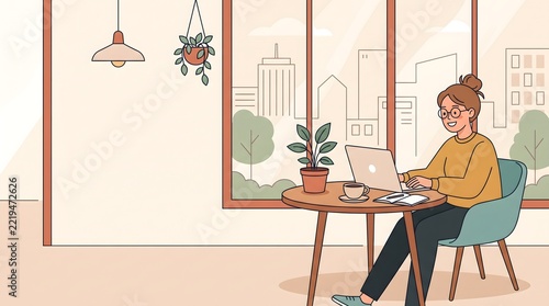 Woman working remotely on a laptop in a cozy apartment with city view.