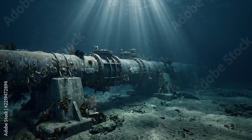 Large industrial pipeline resting on the deep ocean seabed with dramatic underwater sunlight shining down.