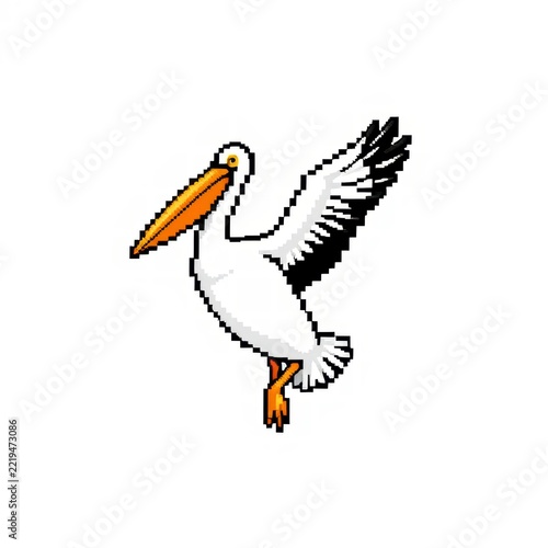Pixel art pelican flying isolated vector illustration