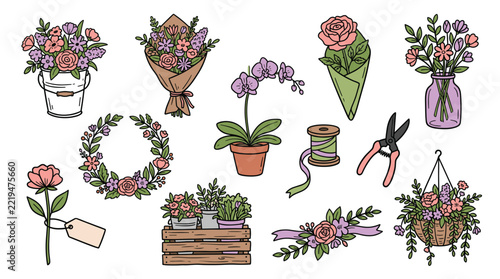 Florist Shop Vector Set, Hand Drawn Floral Bouquets, Botanical Garden Flowers and Floristry Tools