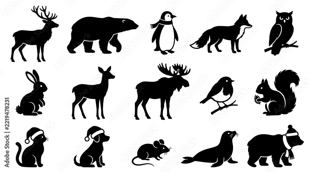 Obraz premium Collection of various wild animal silhouettes including deer bear penguin fox owl rabbit moose bird squirrel mouse seal and christmas icons
