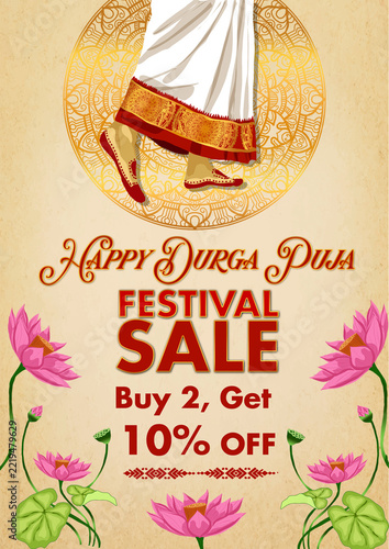 A4 Durga Puja Sale Advertisement Design for Retail Marketing and Festive Discounts , Indian Festive Shopping Sale Poster ,Durga Puja Special Offer Poster Template for Boutiques, Clothing Stores and Bu