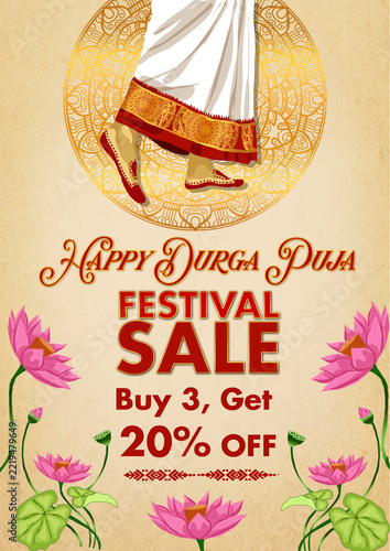 A4 Durga Puja Sale Advertisement Design for Retail Marketing and Festive Discounts , Indian Festive Shopping Sale Poster ,Durga Puja Special Offer Poster Template for Boutiques, Clothing Stores and Bu