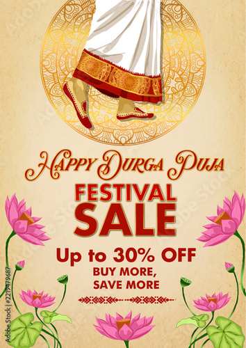 A4 Durga Puja Sale Advertisement Design for Retail Marketing and Festive Discounts , Indian Festive Shopping Sale Poster ,Durga Puja Special Offer Poster Template for Boutiques, Clothing Stores and Bu