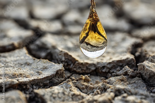 Precious water drop nourishing roots in cracked, dry earth, a symbol of environmental drought and survival. 