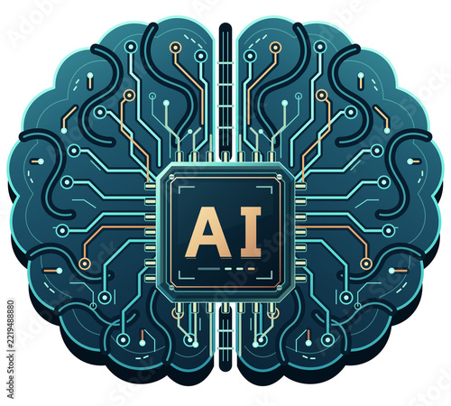 Artificial intelligence brain concept with microchip processor and circuit board traces, stylized illustration of cybernetic neural network for modern computing technology.