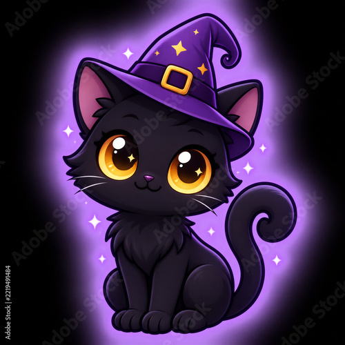 Cute black cat wearing a purple witch hat for Halloween