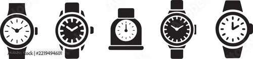 Wristwatch and alarm clock icon set showing time measurement devices in black silhouette shapes