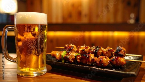 忘年会広告用素材 冷えた生ビールと香ばしい焼き鳥のクローズアップ 日本の居酒屋料理とコピースペース 横長16:9
