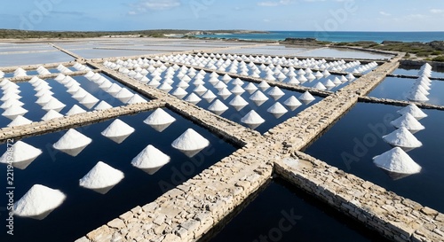 White salt mounds neatly arranged in rectangular evaporation ponds near the sea