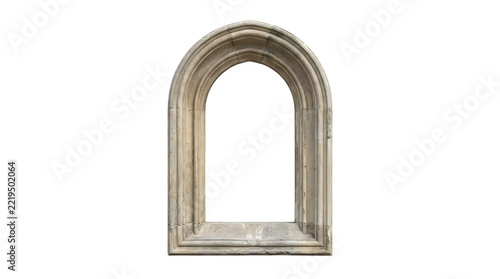 Gothic stone arch isolated on white background, antique masonry arched window frame cutout, medieval architectural detail for design composition