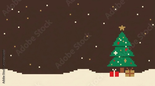 Pixel art christmas tree with gifts in snow during winter night