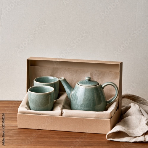 Green Ceramic Tea Set Packed in an Open Gift Box