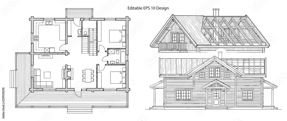 Fototapeta premium Wooden house floor plan elevation CAD architectural drawings isolated on transparent background