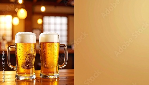 忘年会告知用バナー素材 日本の居酒屋と冷えた生ビールのある温かみのある背景写真 コピースペース付き 横長16:9