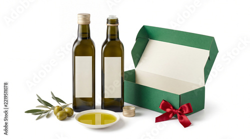 Olive oil bottle gift set isolated on white background.