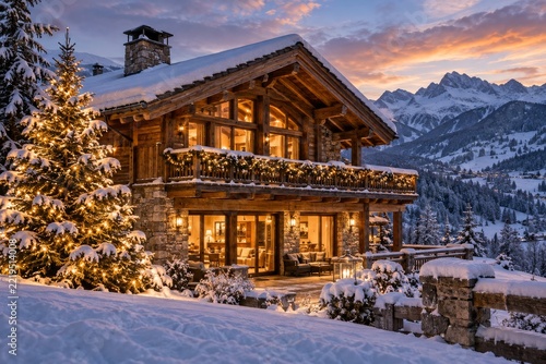 Snowy alpine chalet with Christmas lights and mountain view