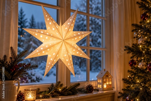 Glowing paper Christmas star in a snowy window
