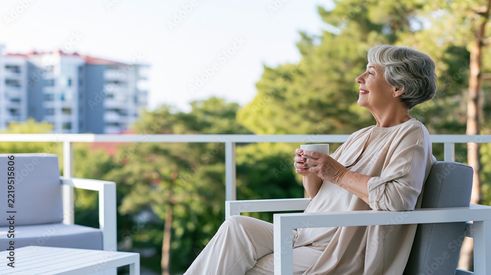 Fototapeta premium Senior woman relaxing on modern balcony enjoying morning coffee, contemplating peaceful outdoor view