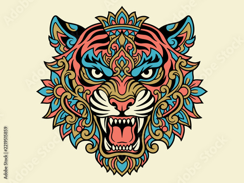 Intricate Ornamental Tiger Head with Crown, Fierce Expression, and Tribal Patterns.
