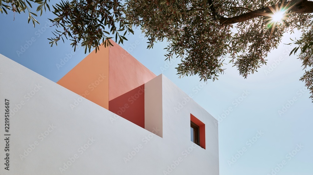 Fototapeta premium Modern building facade showcasing geometric architecture, white walls contrasting with peach and coral accents, vibrant Mediterranean design