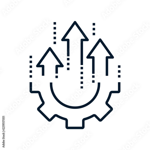 Minimalist outline icon of a gear with three upward arrows, representing business growth, progress, innovation, efficiency, and continuous improvement. Bold black line illustration isolated on a white