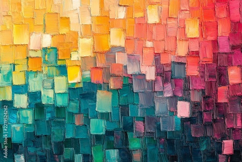 A digital art piece featuring an abstract background with multiple squares in various shades of blue, purple, and pink, creating a colorful pattern reminiscent of glitchy pixelation, Generative AI