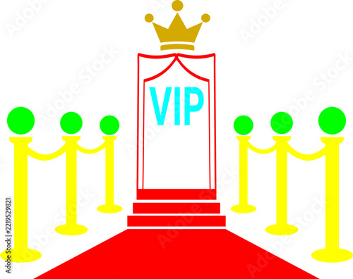 VIP red carpet entrance illustration with golden crown, yellow barrier stanchions, and ropes, luxury event design vector graphic