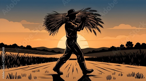 Farmer carrying wheat bundles on shoulder walking through
