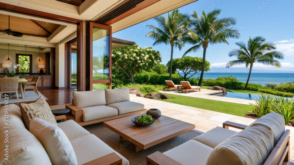 Fototapeta premium Luxury resort villa patio with ocean view and pool