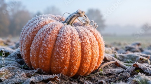 Orange Pumpkin Covered in Morning Frost