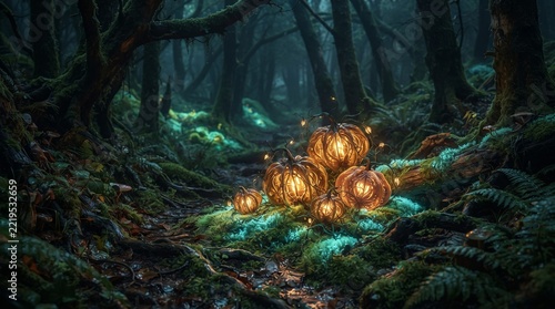 Magical glowing pumpkin in enchanted autumn woods, Halloween fantasy concept
