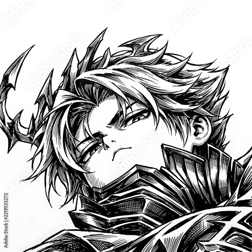 Black and white sketch of a fierce anime manga warrior character with spiky hair and armor