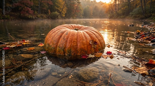 Large orange pumpkin floating in a clear river during a misty autumn sunrise