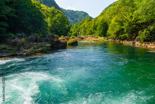 Turquoise Una River flowing through forested canyon, Una National Park, Bosnia